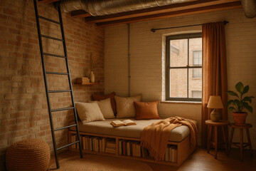 Person climbing ladder near window in room with couch.