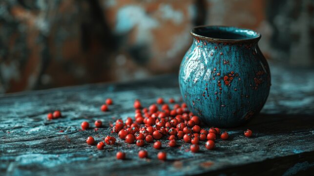 Rustic ceramic cup with red peppercorns for food styling and culinary kitchen spice photography concept background