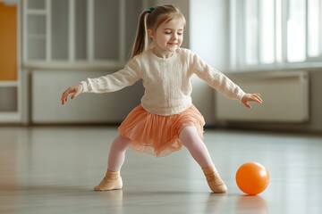 Smiling little blonde girl in tutu practices ballet, balancing with outstretched arms by ball
