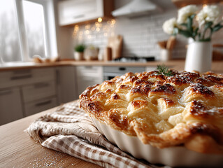 freshly baked pie with a golden-brown crust, placed on a wooden table in a modern kitchen setting. The background features a clean, spacious kitchen with white cabinets, a tiled backsplash