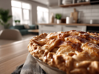 freshly baked pie with a golden-brown crust, placed on a wooden table in a modern kitchen setting. The background features a clean, spacious kitchen with white cabinets, a tiled backsplash