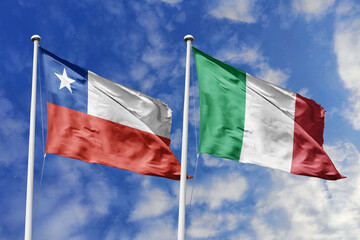 Flags of Chile and Italy Waving Dynamically Against a Cloudy Blue Sky, Symbolizing Strong Bilateral...