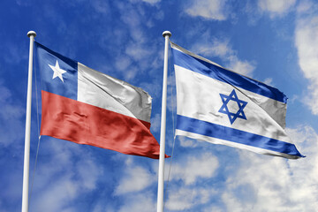 Flags of Chile and Israel Waving Proudly Against a Clear Blue Sky, Representing International...