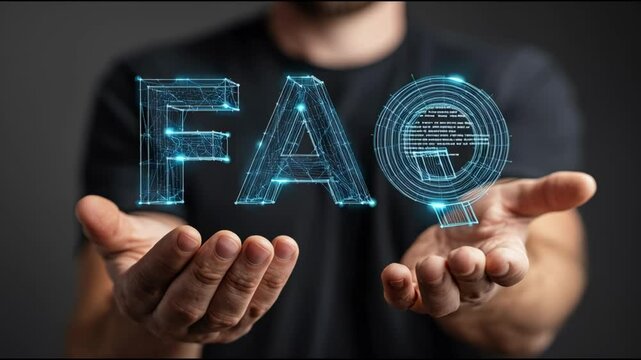 A continuous looping video of a man's hands holding the text "FAQ". A contemporary, digital, and informative interaction using a virtual or augmented reality interface. 