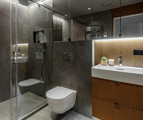 Modern bathroom interior in minimal scandinavian style, 3d render