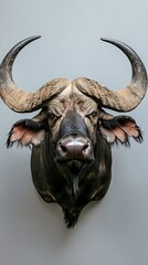 Naklejka premium Striking portrait depicts a cape buffalo with impressive horns and a menacing stare
