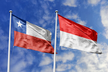 Flags of Chile and Monaco Waving Together Against a Blue Sky, Symbolizing International Relations and Friendship