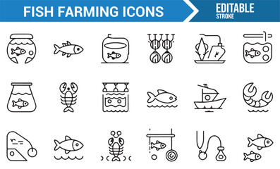 Icons of Marine Life, Fish Farming, and Aquatic Symbols