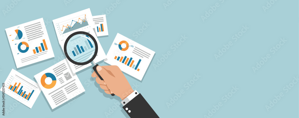 Poster flat vector a hand holding a magnifying glass is examining various charts and graphs scattered on a 