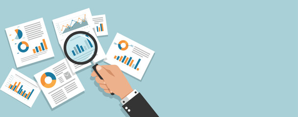 Fototapeta premium Flat Vector A hand holding a magnifying glass is examining various charts and graphs scattered on a light blue background