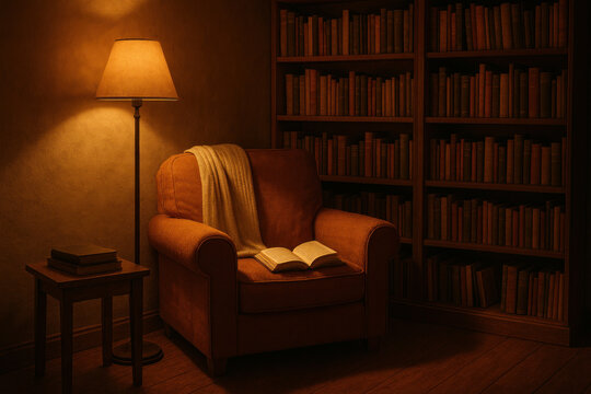 Chair in room with bookshelf.