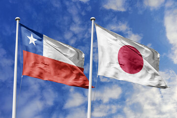 Flags of Chile and Japan Waving Together Under a Bright Blue Sky, Symbolizing International Friendship and Cooperation