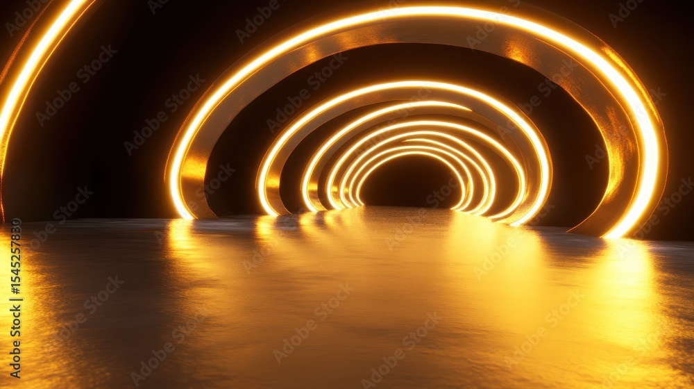 Wall mural abstract tunnel design with glowing circular lights and reflections