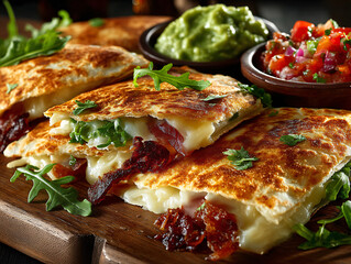 wooden platter with freshly made quesadillas topped with arugula. Accompanying the quesadillas are bowls of salsa and guacamole.