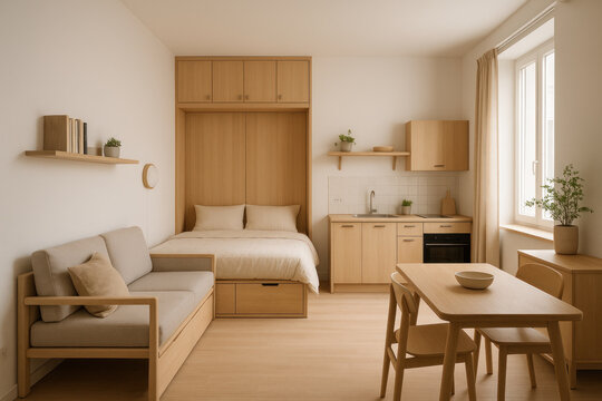 Small bed in a compact apartment with a small kitchen.