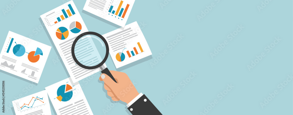 Poster flat vector a hand holding a magnifying glass is examining various charts and graphs scattered on a 