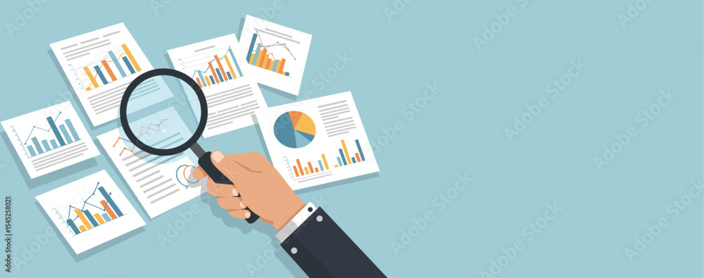 Poster flat vector a hand holding a magnifying glass is examining various charts and graphs scattered on a 