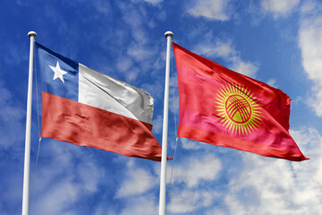 Flags of Chile and Kyrgyzstan Waving Together Under a Bright Blue Sky, Symbolizing International...