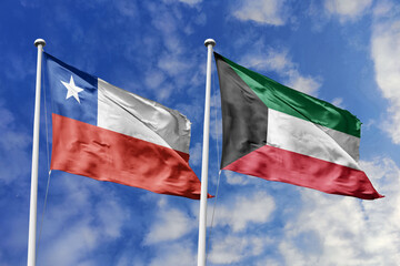 Flags of Chile and Kuwait Waving Together Under a Bright Blue Sky, Symbolizing International...