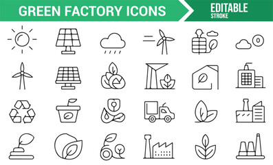 Set of Green Factory, Renewable Energy, and Recycling Icons