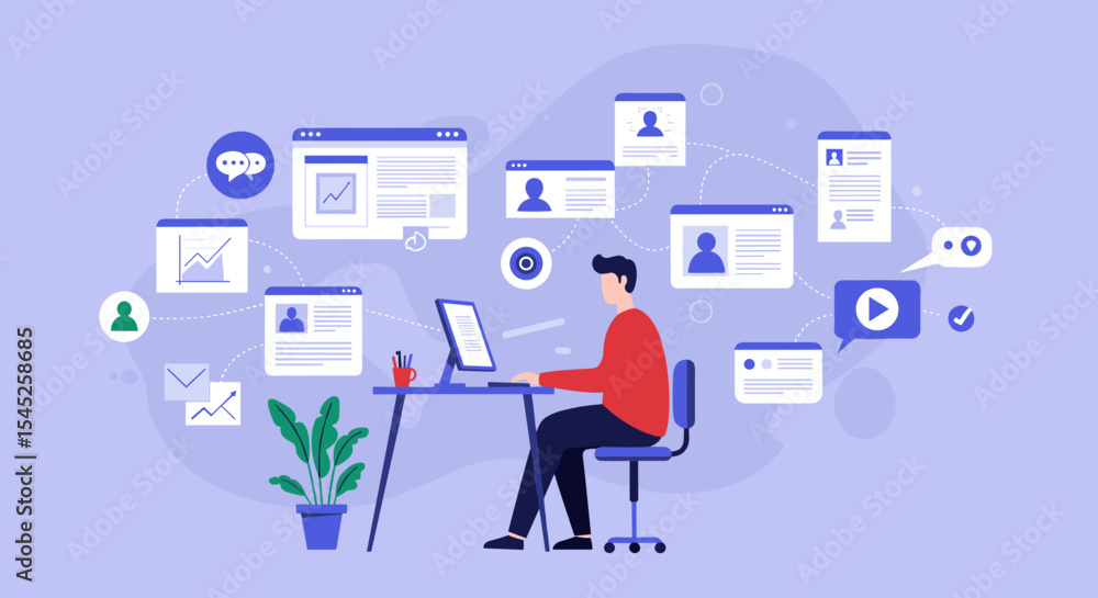 Poster flat vector of a digital illustration depicting a person sitting at a desk in front of a computer