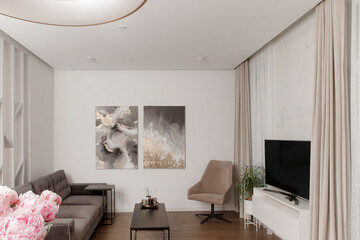 Modern luxury apartment interior in minimal scandinavian style, 3d rendering