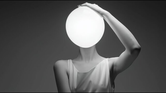 A seamless looping video shows a female given the visible collarbone and arm shape, whose head is completely obscured by a bright sphere. The enigmatic, artistic and themes of identity anonymity.