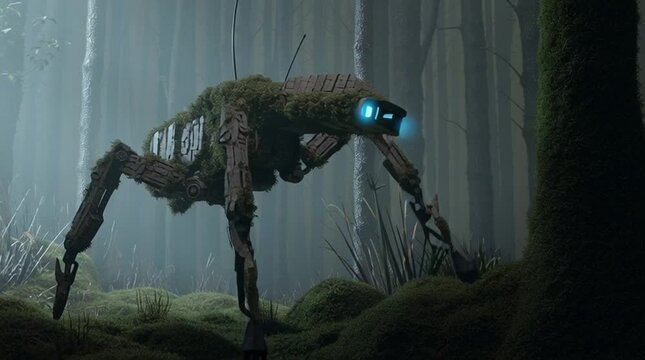 Ground-level view of a misty forest at dawn. A slender, deer-insect-like robot steps silently on moss, blending into the ethereal light and dense foliage.
