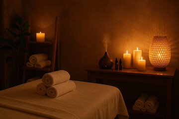 Lit candles glimmer softly around towels in a massage room.