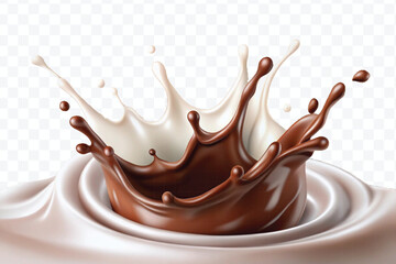 abstract 3d smooth liquid chocolate with white milk splash in crown style isolated on transparent background	
