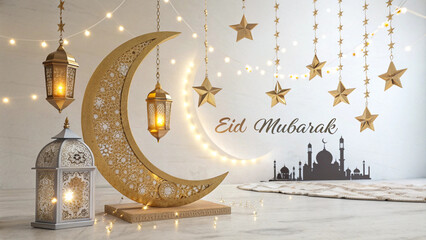 Eid Mubarak greeting with moon and lanterns on elegant background representing Islamic festival celebration