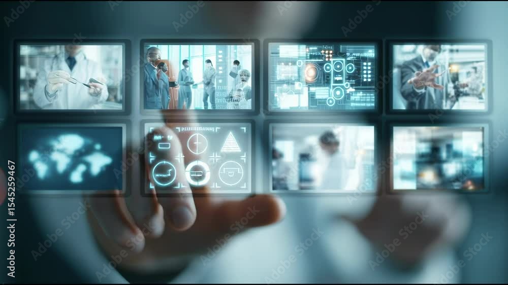 Poster a seamless looping video shows an index finger, poised to touch on a glowing digital content touchsc