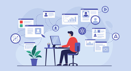 Flat Vector Of A digital illustration depicting a person sitting at a desk in front of a computer