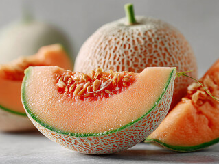 few pieces of cantaloupe melon with a slice in the foreground, revealing the orange flesh and seeds inside. The melons have a distinctive netted skin.