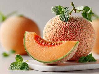 few pieces of cantaloupe melon with a slice in the foreground, revealing the orange flesh and seeds inside. The melons have a distinctive netted skin.