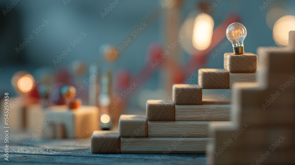 Poster a lightbulb on top of wooden blocks forming a staircase against a blurred background with bokeh ligh
