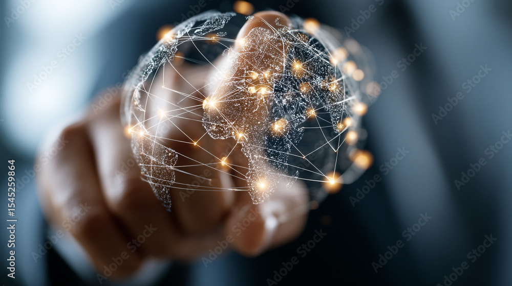 Poster a finger touching a digital globe with glowing connections representing global network and technolog