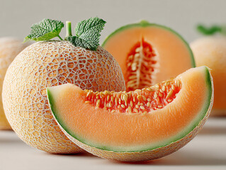 few pieces of cantaloupe melon with a slice in the foreground, revealing the orange flesh and seeds inside. The melons have a distinctive netted skin.