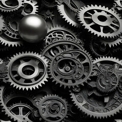 Steampunk Gear Fruit Composition – Mechanical Fruit Mashup on Monochrome Background
