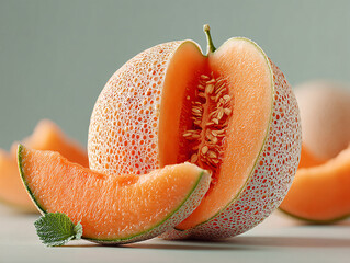 few pieces of cantaloupe melon with a slice in the foreground, revealing the orange flesh and seeds inside. The melons have a distinctive netted skin.