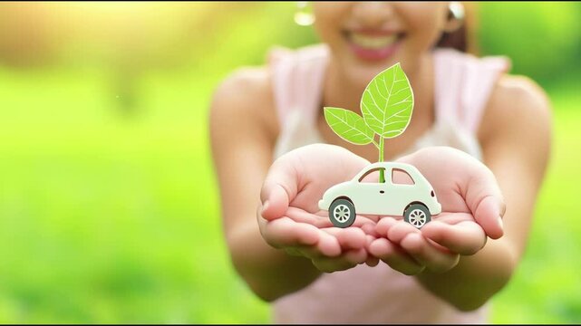 A seamless looping video shows the combination of the car and the plant symbolizes concepts like electric vehicles, green energy, reduced emissions, and the harmony between technology and nature.