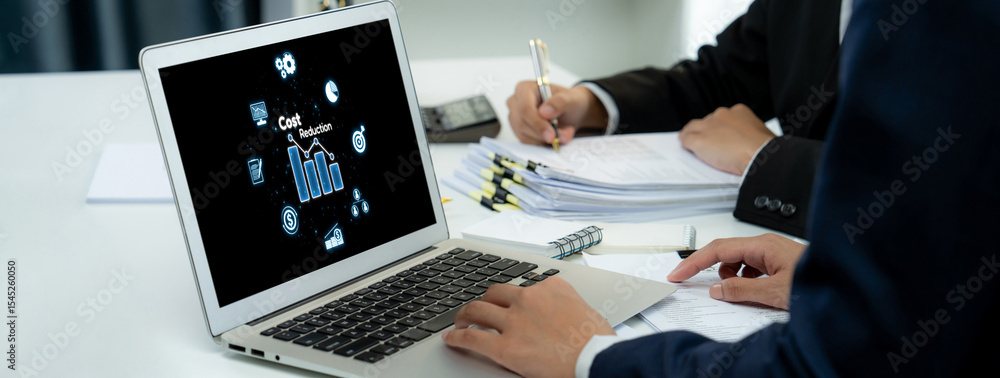 Poster cost reduction, cost saving concept shown on computer screen brisk, corporate business efficiently s