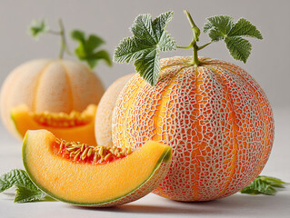 few pieces of cantaloupe melon with a slice in the foreground, revealing the orange flesh and seeds inside. The melons have a distinctive netted skin.