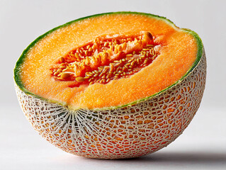 few pieces of cantaloupe melon with a slice in the foreground, revealing the orange flesh and seeds inside. The melons have a distinctive netted skin.