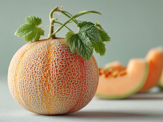 few pieces of cantaloupe melon with a slice in the foreground, revealing the orange flesh and seeds inside. The melons have a distinctive netted skin.