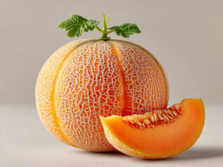 few pieces of cantaloupe melon with a slice in the foreground, revealing the orange flesh and seeds inside. The melons have a distinctive netted skin.