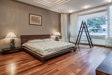 Modern luxury bedroom interior in minimal scandinavian style, 3d render