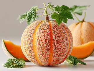 few pieces of cantaloupe melon with a slice in the foreground, revealing the orange flesh and seeds inside. The melons have a distinctive netted skin.