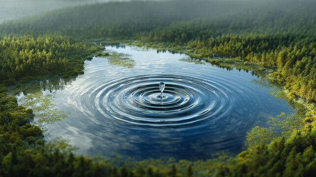 Aerial view of a forest lake with a water droplet creating ripples on the surface of the water