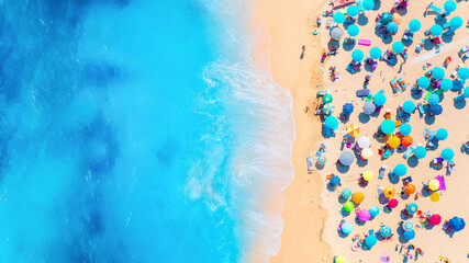 Summer vacation and rest. Beach, people and umbrellas. Top view from drone at the beach and azure...